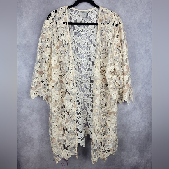 Catherine Duster Cardigan Multi Beige Color Lace Floral Open Front Size 3X - Picture 1 of 6